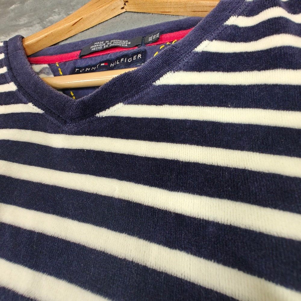 Vintage Tommy Hilfiger Velour Striped Shirt Mens XXL Navy White Y2K 2002 V-Neck - Picture 12 of 13